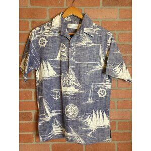 Vintage Island Fashions Mens Button Front Hawaiian Shirt Short Sleeves Blue
